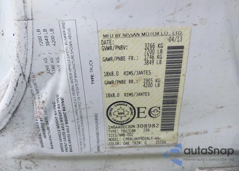 2013 Nissan Titan Pro-4X/S/Sl/Sv from USA, damaged, VIN 1N6AA0ECXDN308982